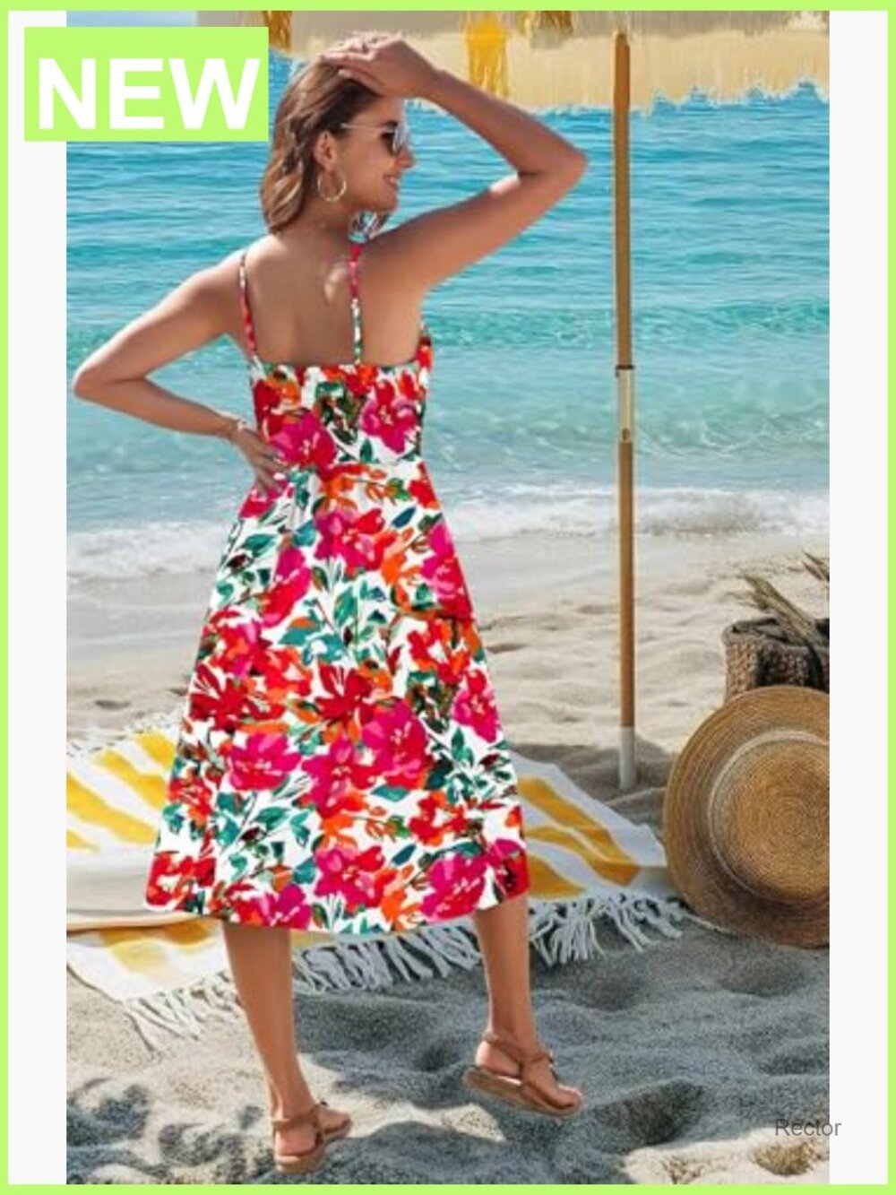 Adjustable Spaghetti Strap V-Neck Midi Sundress with Pockets Flowy Beach - Picture 6 of 7